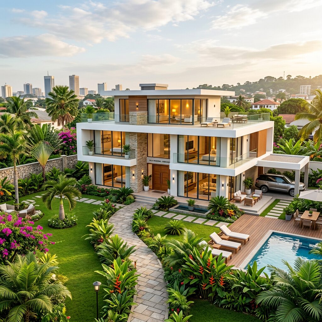 Three-story modern villa with glass balconies, pool, and tropical garden